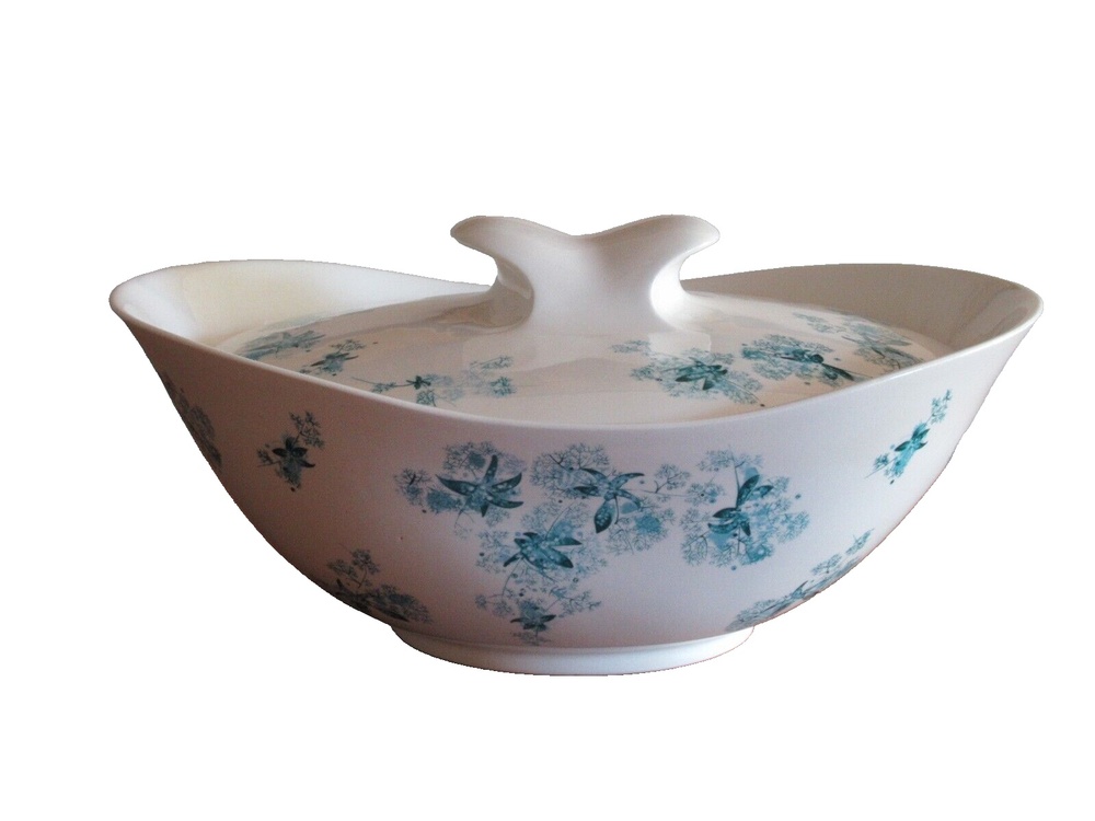 Hallcraft Hall Blue FROST FLOWERS Oval Covered Casserole Dish Lid Eva Zeisel MCM
